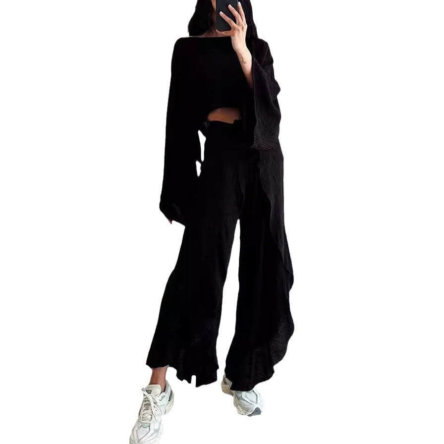 Women's Casual Two-Piece Set with Oversized Top and Wide-Leg Trousers, Size
