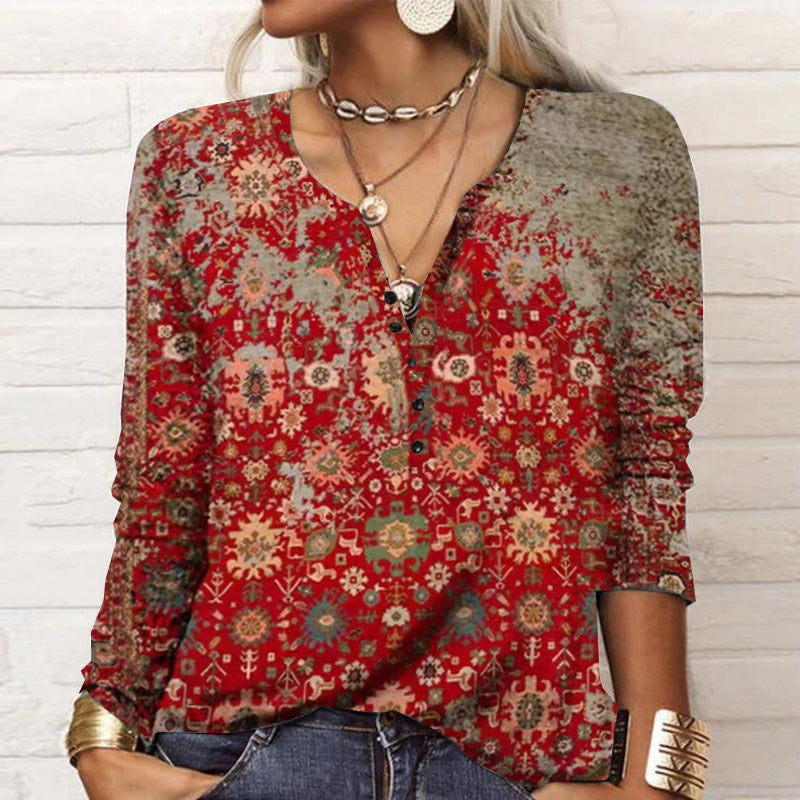 Damen Langarmshirt mit Detaildruck und Knopfleiste, Größe