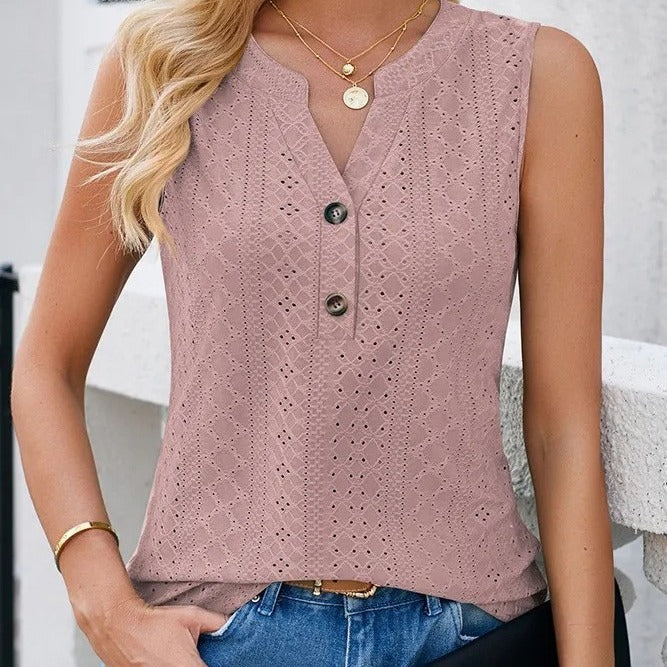 Damen-Ärmellose-Bluse mit Knopfdetails und feinem Lochmuster, Größe S
