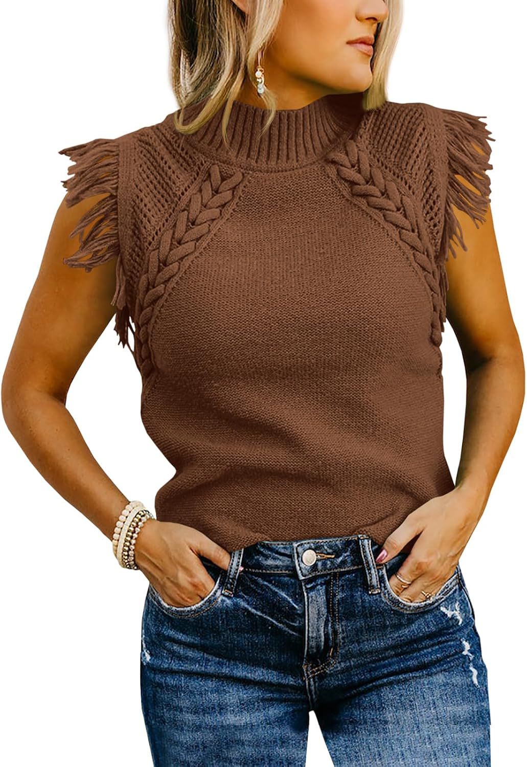 Women's elegant knit top with sophisticated crochet pattern and fringe, size S