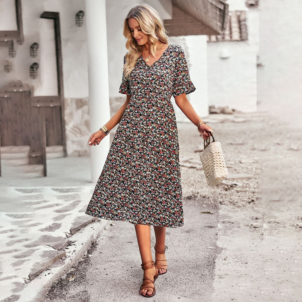 Women's midi dress with floral pattern and playful V-neck, size