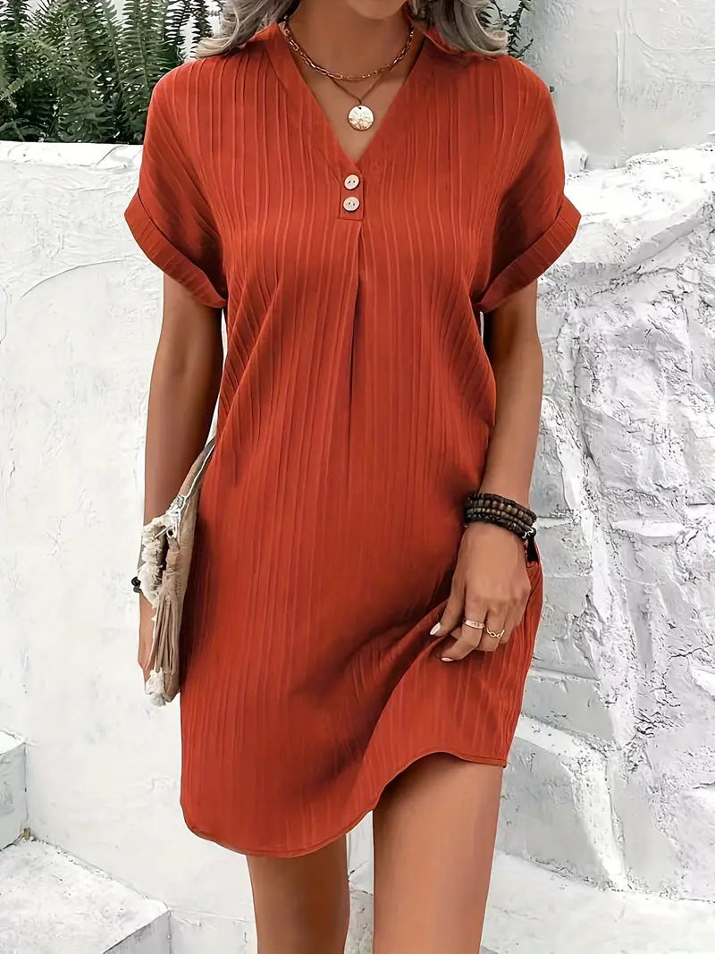 Women's short-sleeved dress with button placket and fine vertical stripe pattern, size