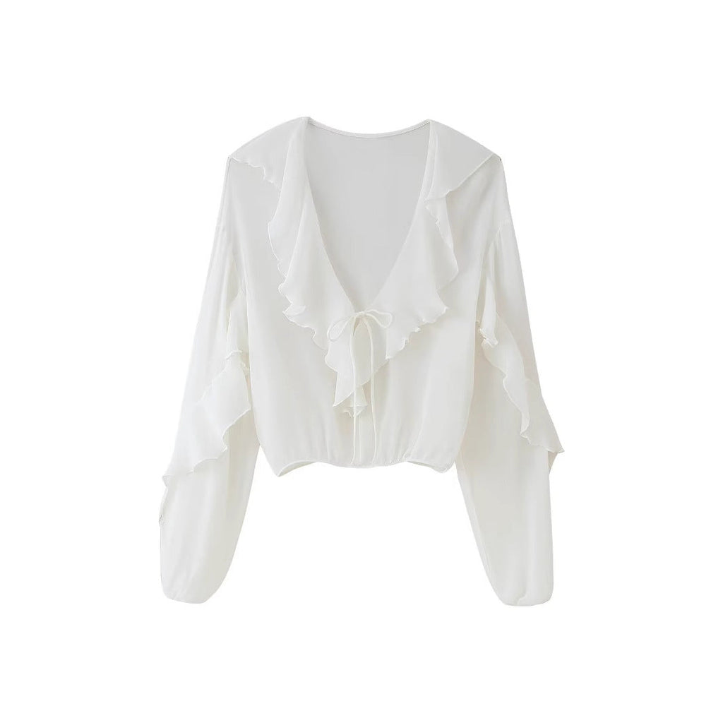 Women's blouse with romantic ruffles and deep V-neck, size