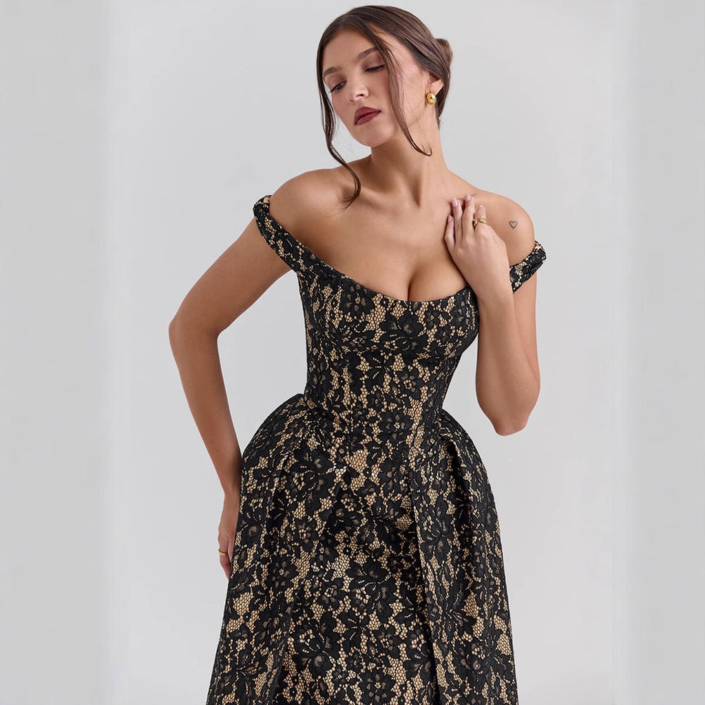 Women's evening dress with off-the-shoulder design and exquisite lace, size