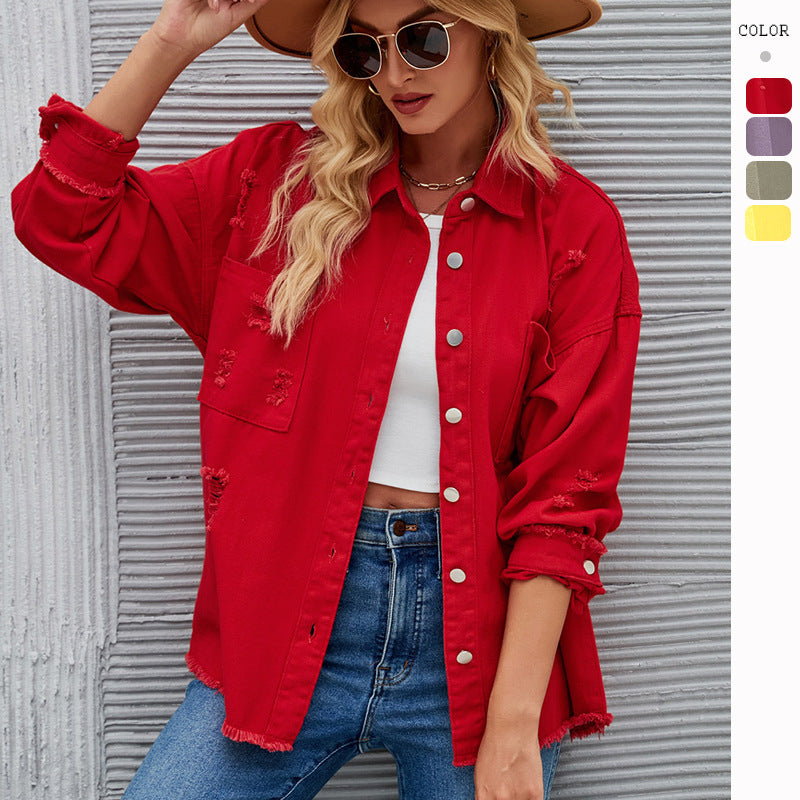 Women's denim shirt jacket in a casual oversized cut with fringed details, size Valenzora