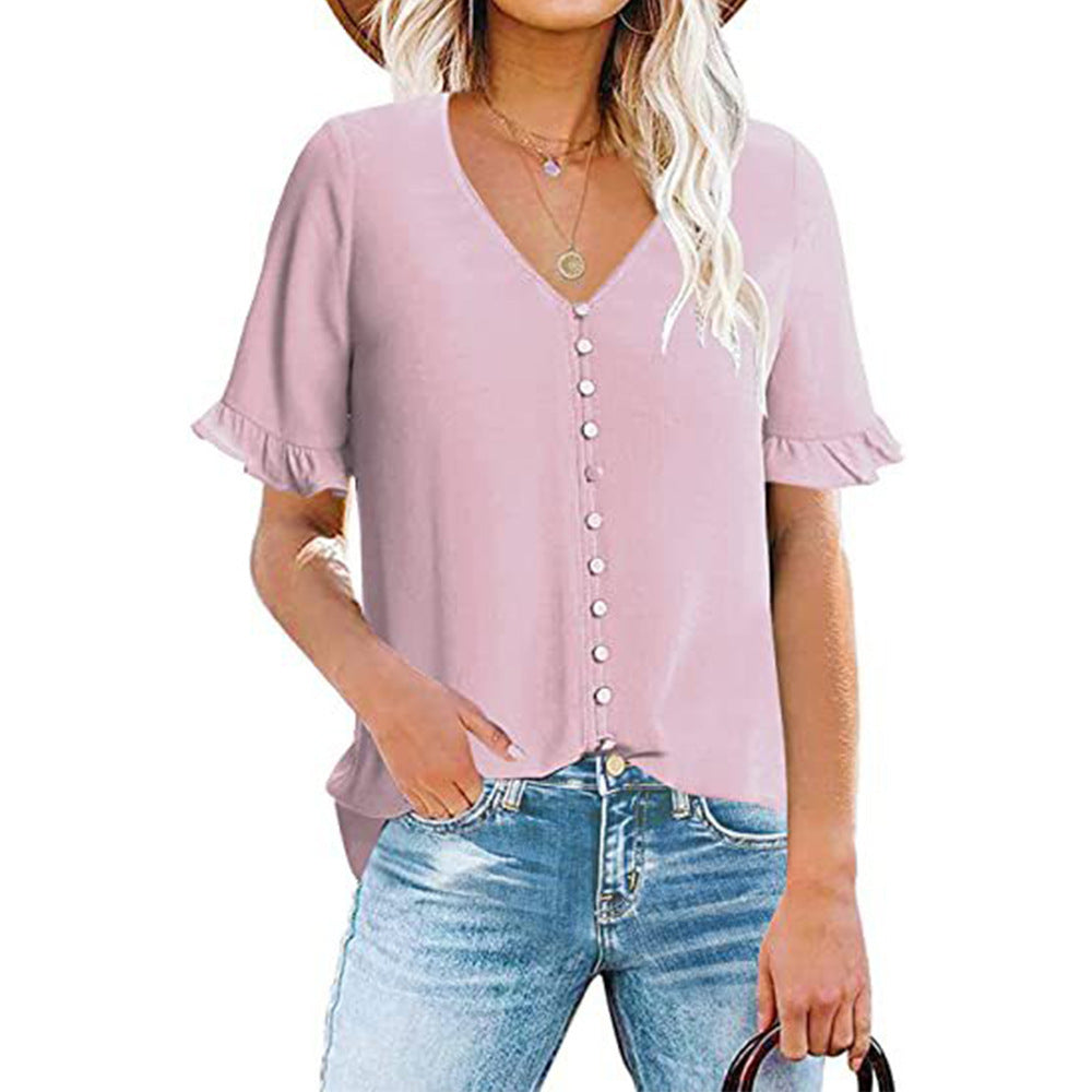 Women's blouse with ruffle details and button placket, size
