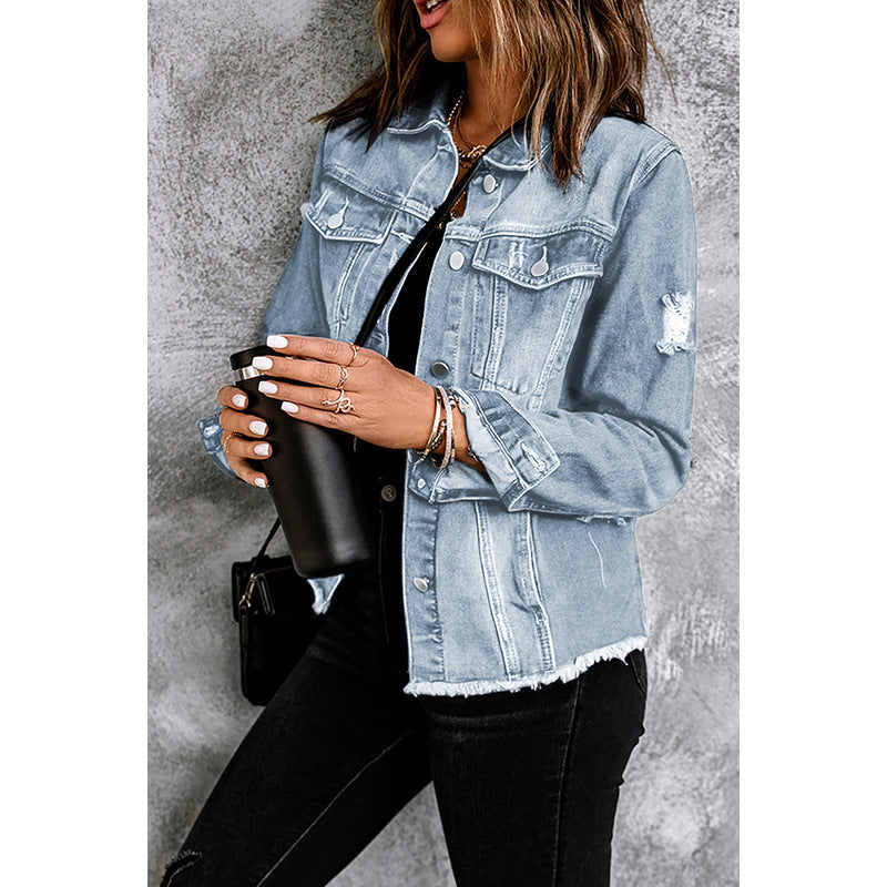 Women's denim jacket with a relaxed fit and functional pockets, size