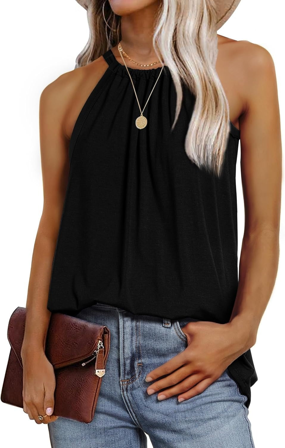 Women's sleeveless blouse with a chic high collar and relaxed fit, size [size]