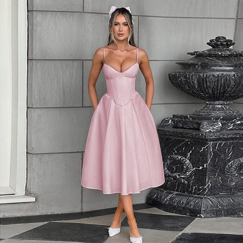 Women's midi dress with fitted bodice and flowing skirt, size [size]