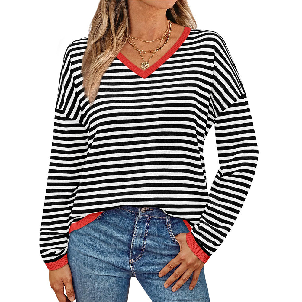 Women's casual sweater with a low V-neck and colorful striped pattern, size S