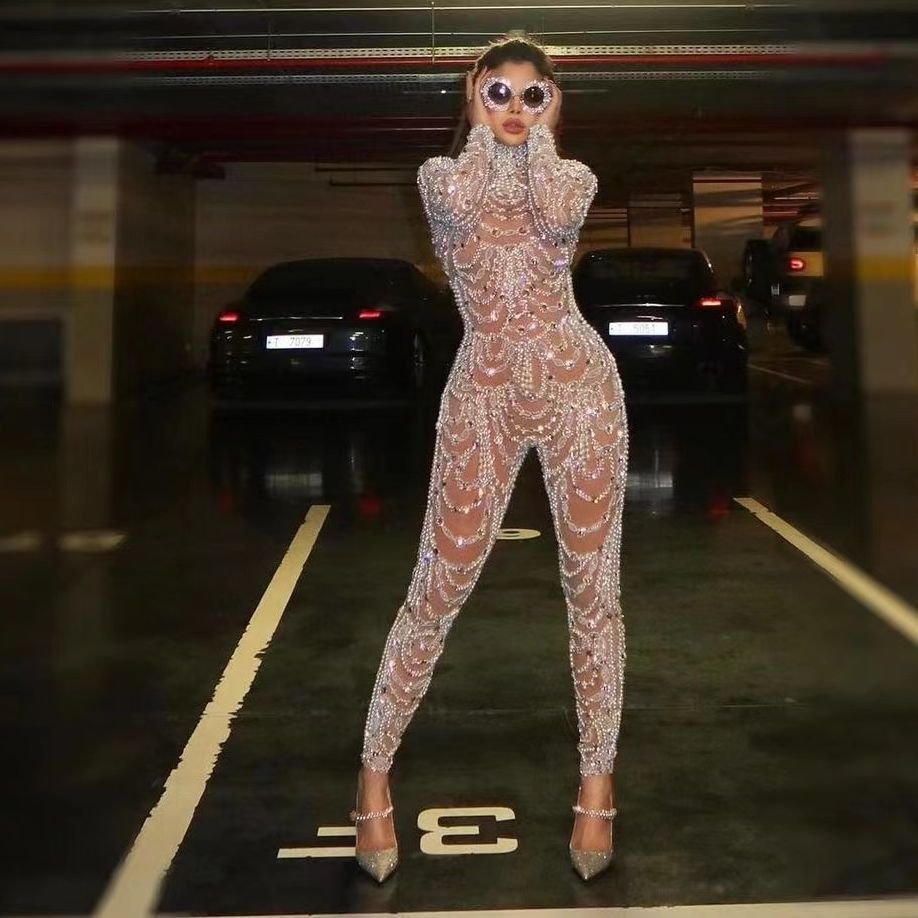 Valenzora | Figure-hugging sheer sequined dress jumpsuit