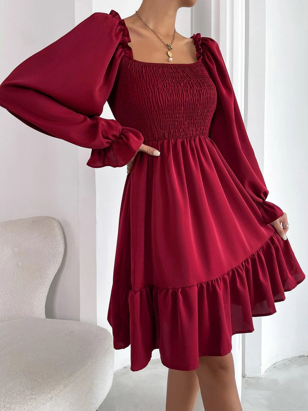 Women's fitted mini dress with voluminous ruffled sleeves and square neck, size S