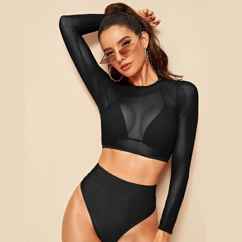 Women's sports bikini set with long-sleeved top and high waist, size