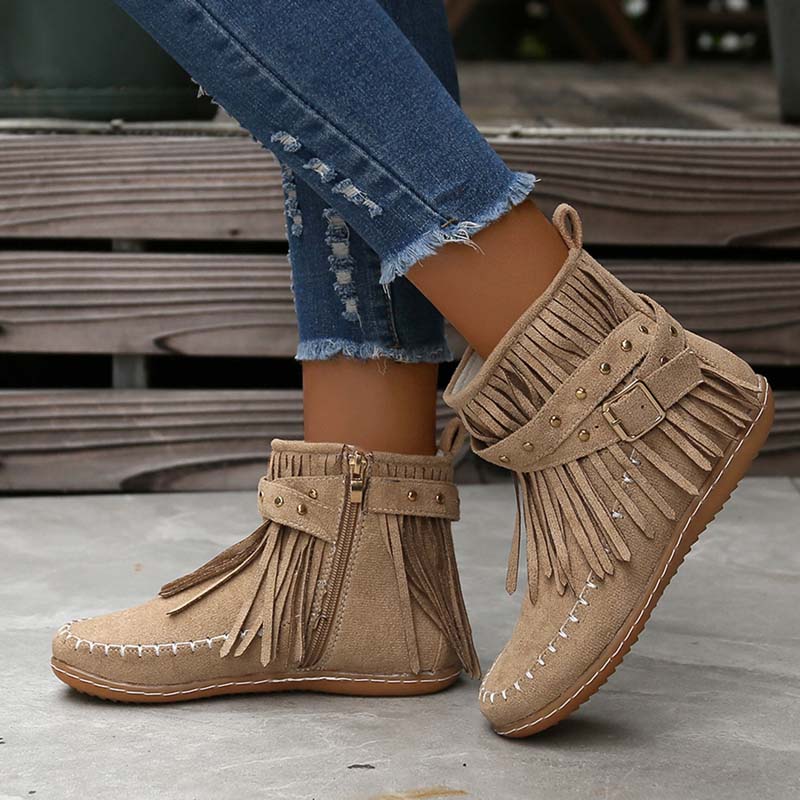 Valenzora | Boho-Stiefeletten mit Fransen und Schnallen für Damen