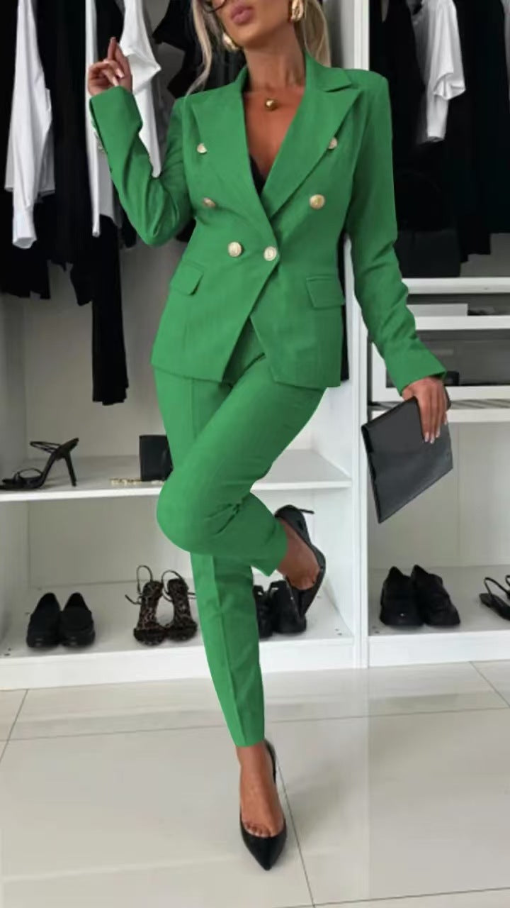 Women's elegant business suit set with double button placket and slim fit, size