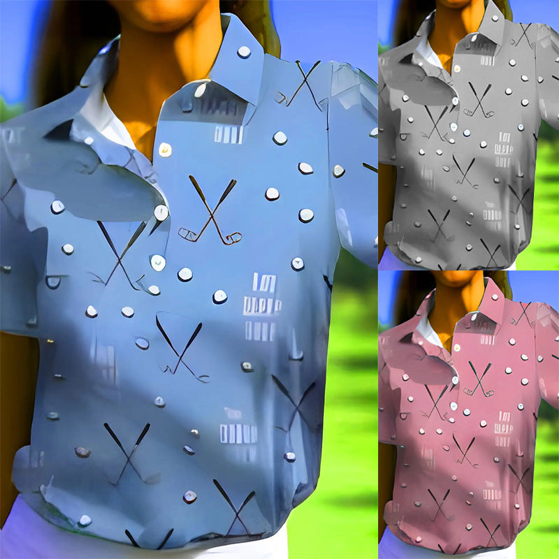 Women's short-sleeved shirt with a fashionable golf print and comfortable cut, size S