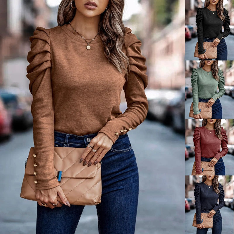 Women's relaxed sweater with fashionable ruffle details and high-set sleeves, size S