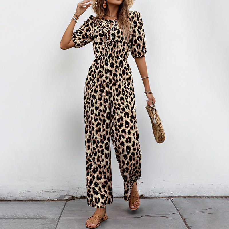 Damen Freizeit-Jumpsuit mit Leopardenmuster und Carmen-Puffärmeln, Größe [Größe]