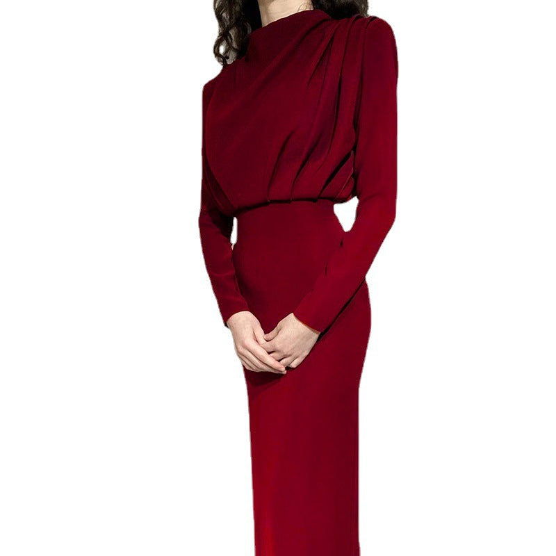 Women's elegant midi dress with high neckline design and draping, size S