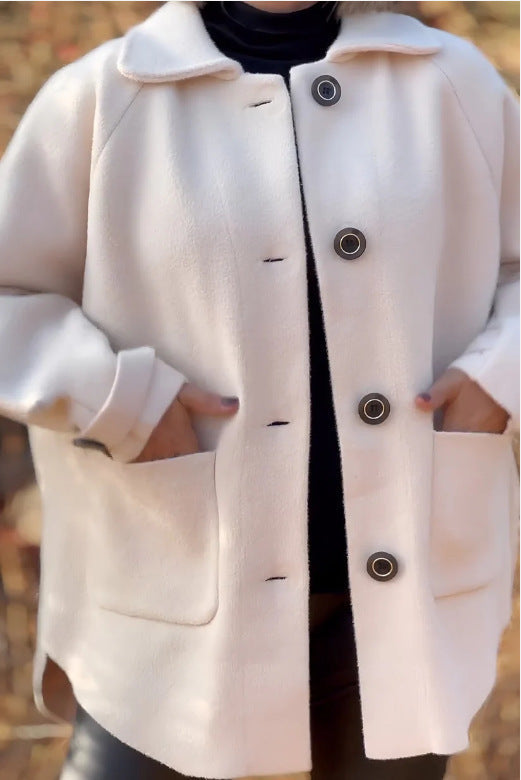 Women's soft wool jacket with shoulder yoke and button details, size