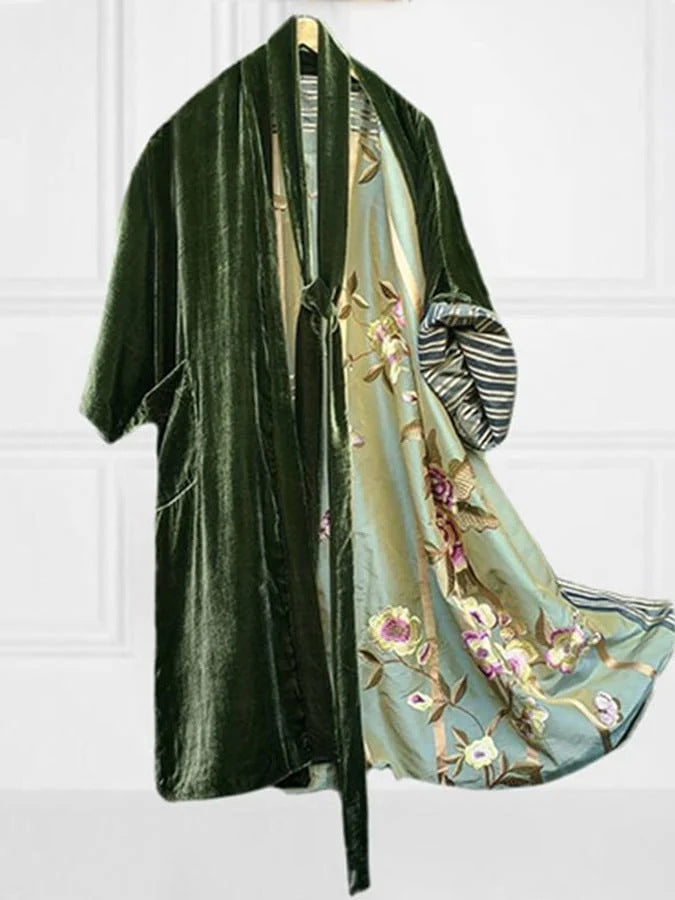 Valenzora | Satin Digital Floral Waist Belt Cardigan Pajamas