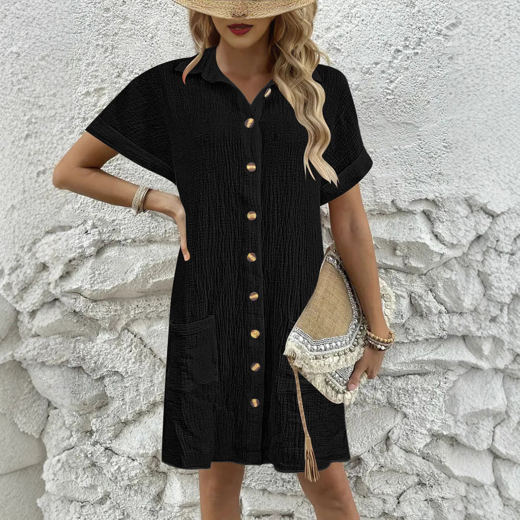 Women's knee-length shirt dress with button-up design and practical pockets, size S