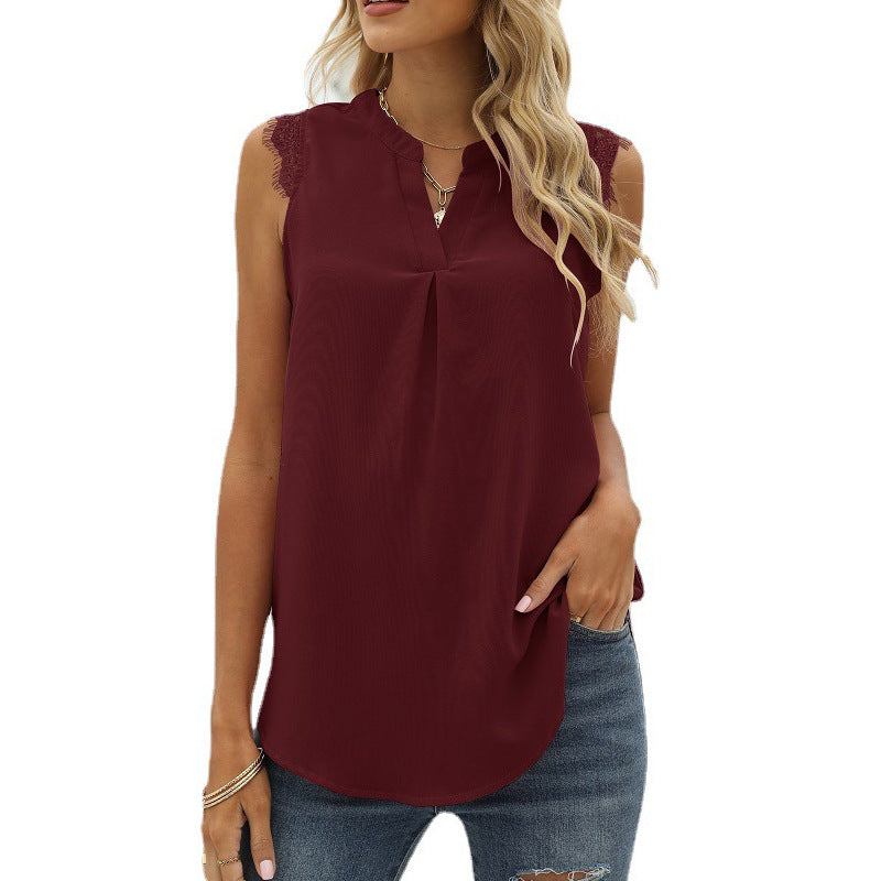 Damen-Bluse ärmellos mit eleganter Spitzen-Einlage und modischen Fältchen, Größe