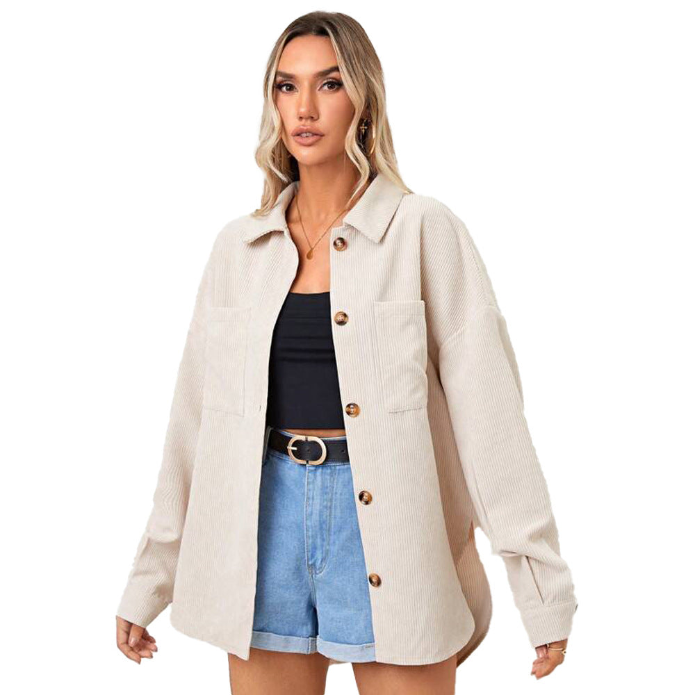 Women's corduroy jacket with a relaxed fit and button-up oversized design, size S