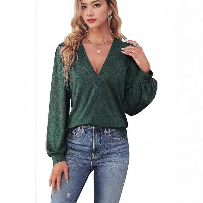Bequemes Damen-Shirt mit V-Ausschnitt und langen Ärmeln, Größe