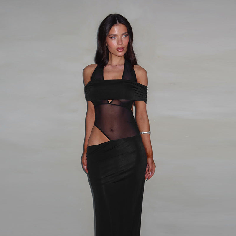Women's cocktail dress with off-the-shoulder design and sophisticated mesh insert, size S