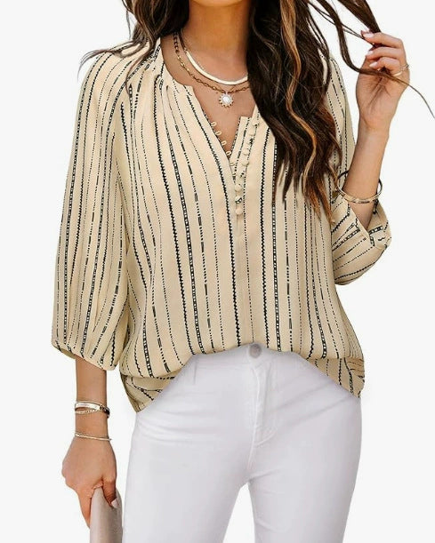 Women's elegant tunic blouse with sophisticated stripes, size
