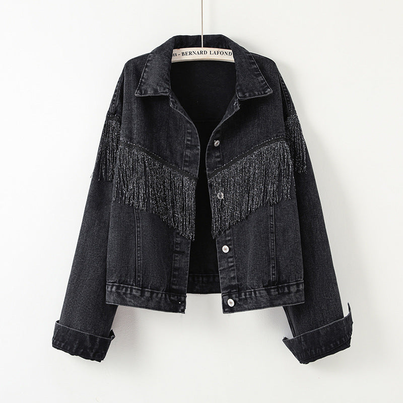 Women's denim jacket with frayed details and a relaxed fit, size S