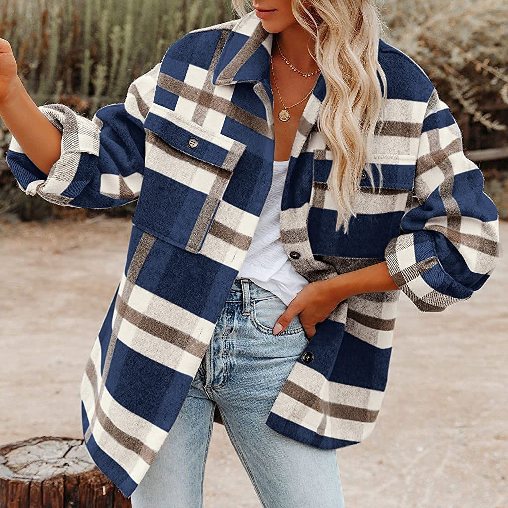 Karierte Damen-Flanelljacke mit entspannter Passform und aufgesetzten Taschen, Größe S