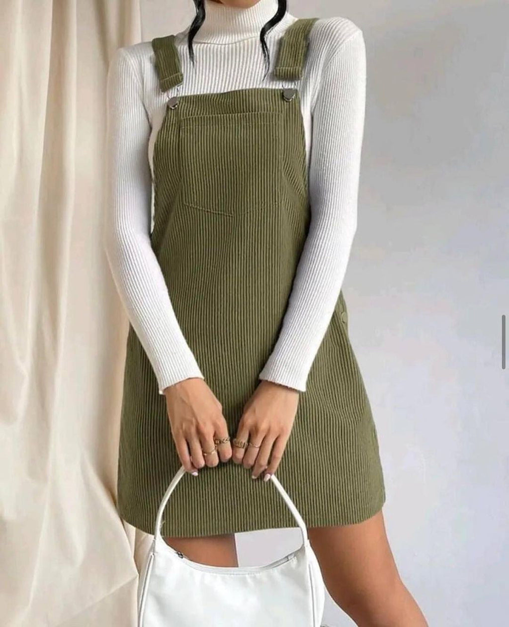 Women's corduroy pinafore dress with button details, size