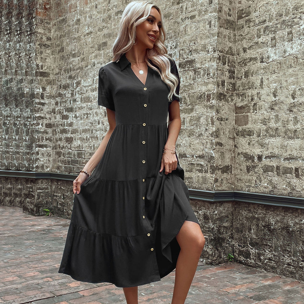 Damen Hemdblusenkleid mit eleganten Knopfdetails und voluminösem Rock Drune