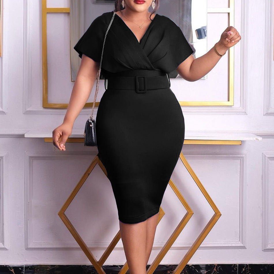 Valenzora | Women's V-neck fitted midi dress with belt