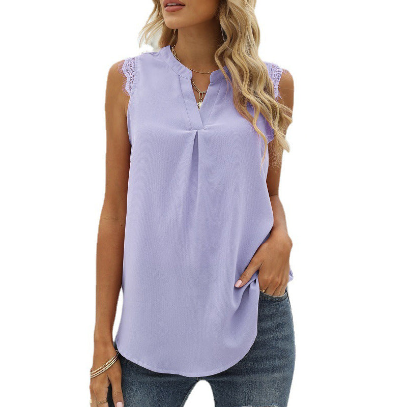 Damen-Bluse ärmellos mit eleganter Spitzen-Einlage und modischen Fältchen, Größe