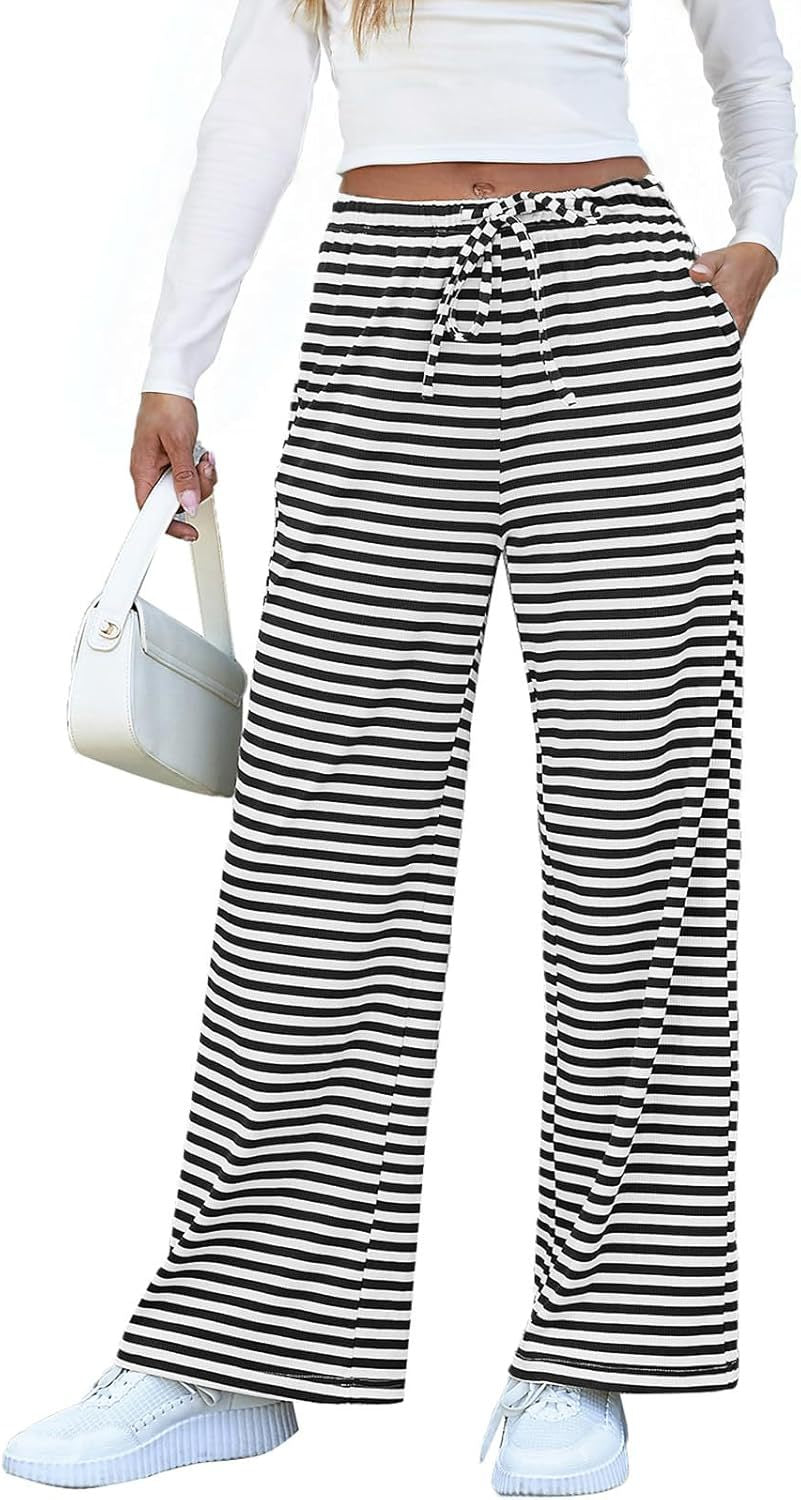 Women's wide-legged striped trousers with elasticated waistband and drawstring, size