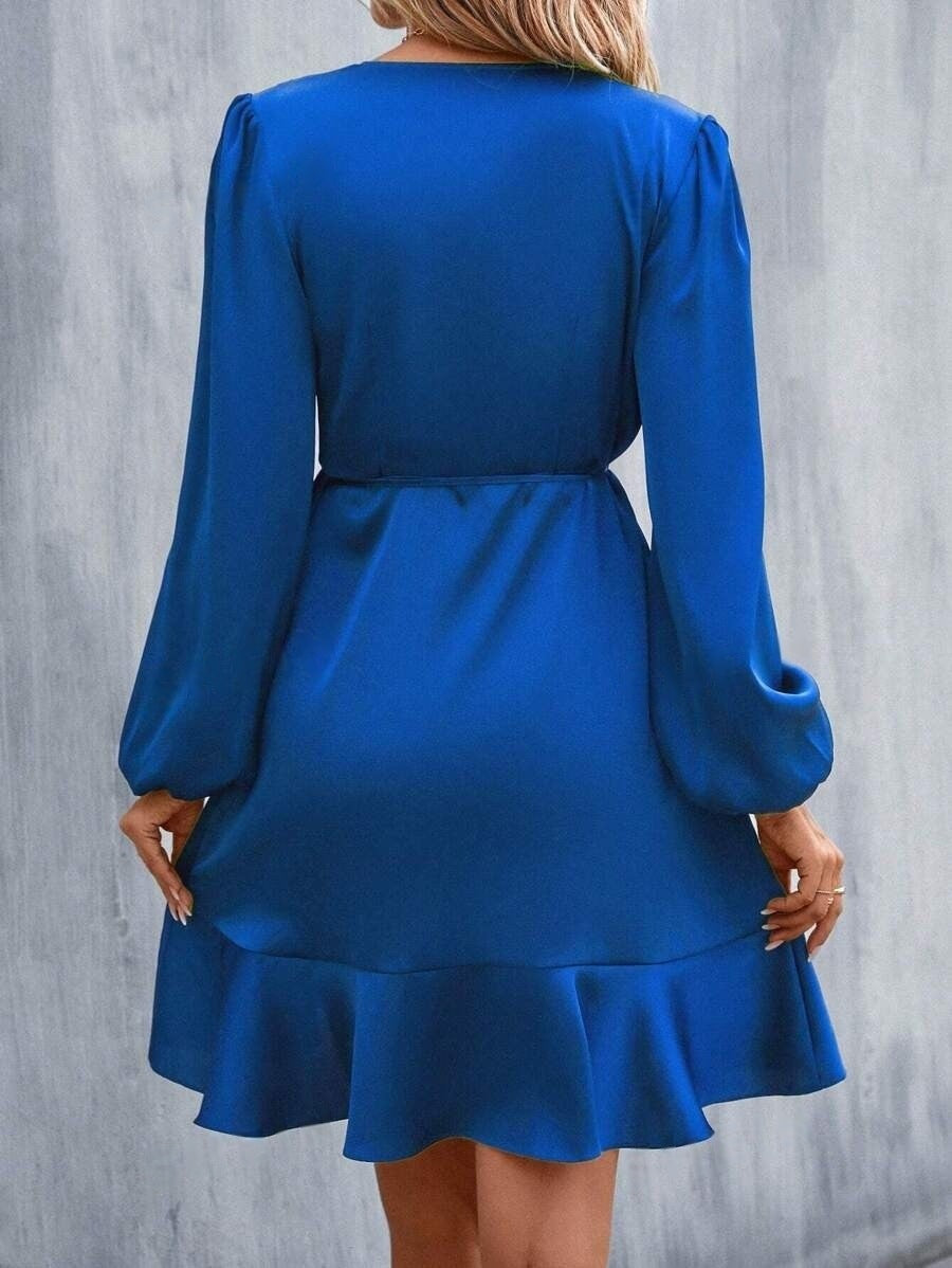 Valenzora | V-neck dress, satin, fitted waist, low neck, casual midi dress, cute women's clothing