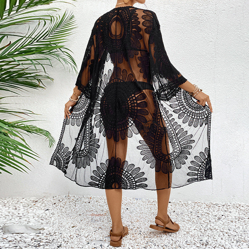 Women's transparent beach throw with elegant crochet pattern, size S