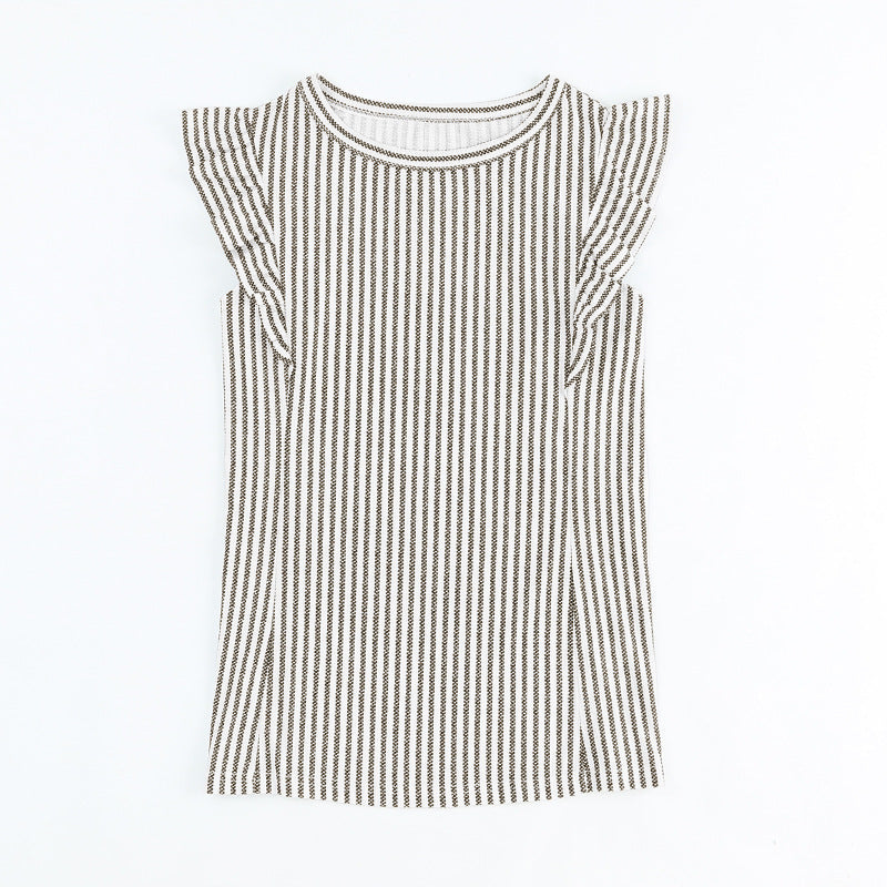 Women's top with ruffle details and striped pattern, size