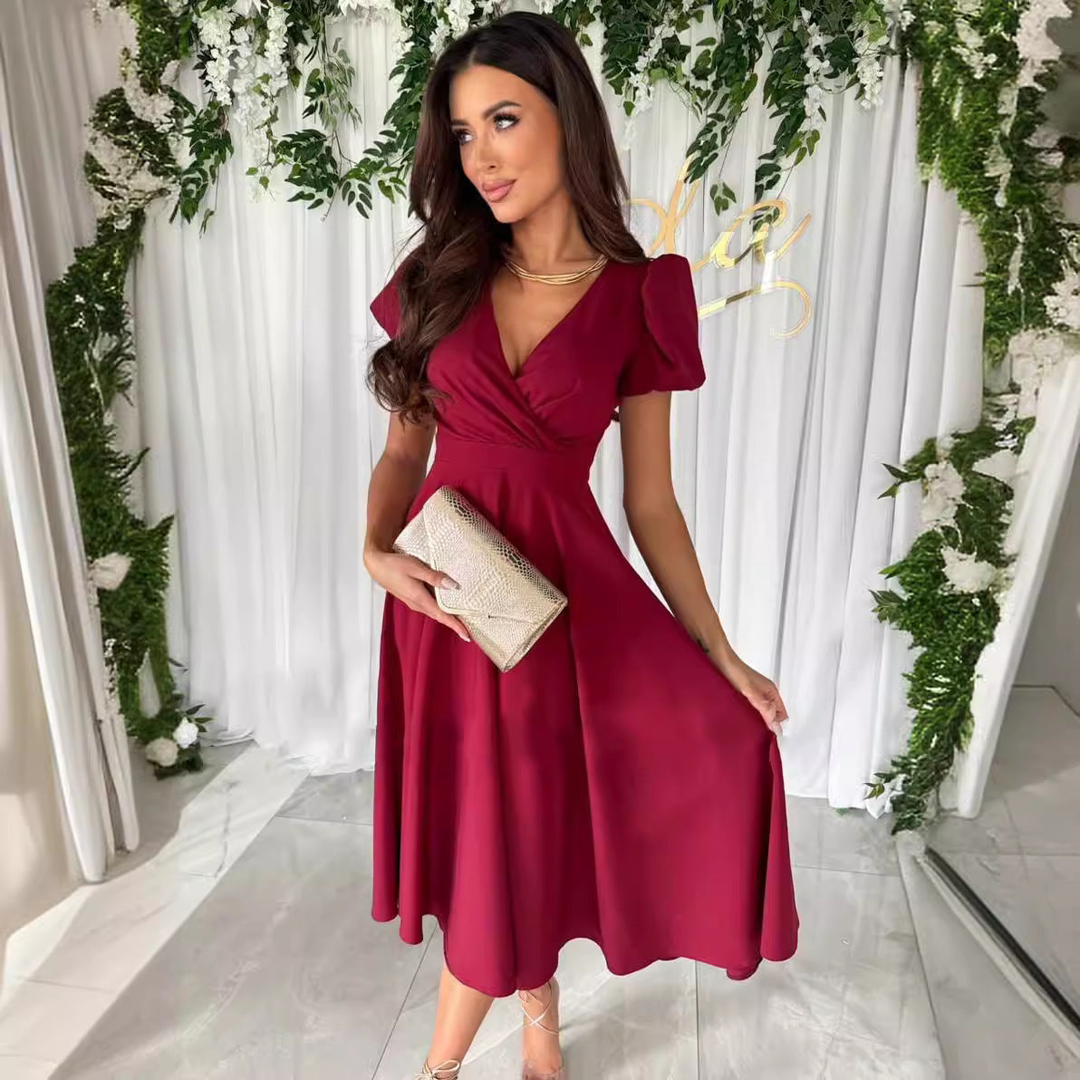 Valenzora | Stylish Commuting Solid Color V-Neck Puff Sleeve Dress