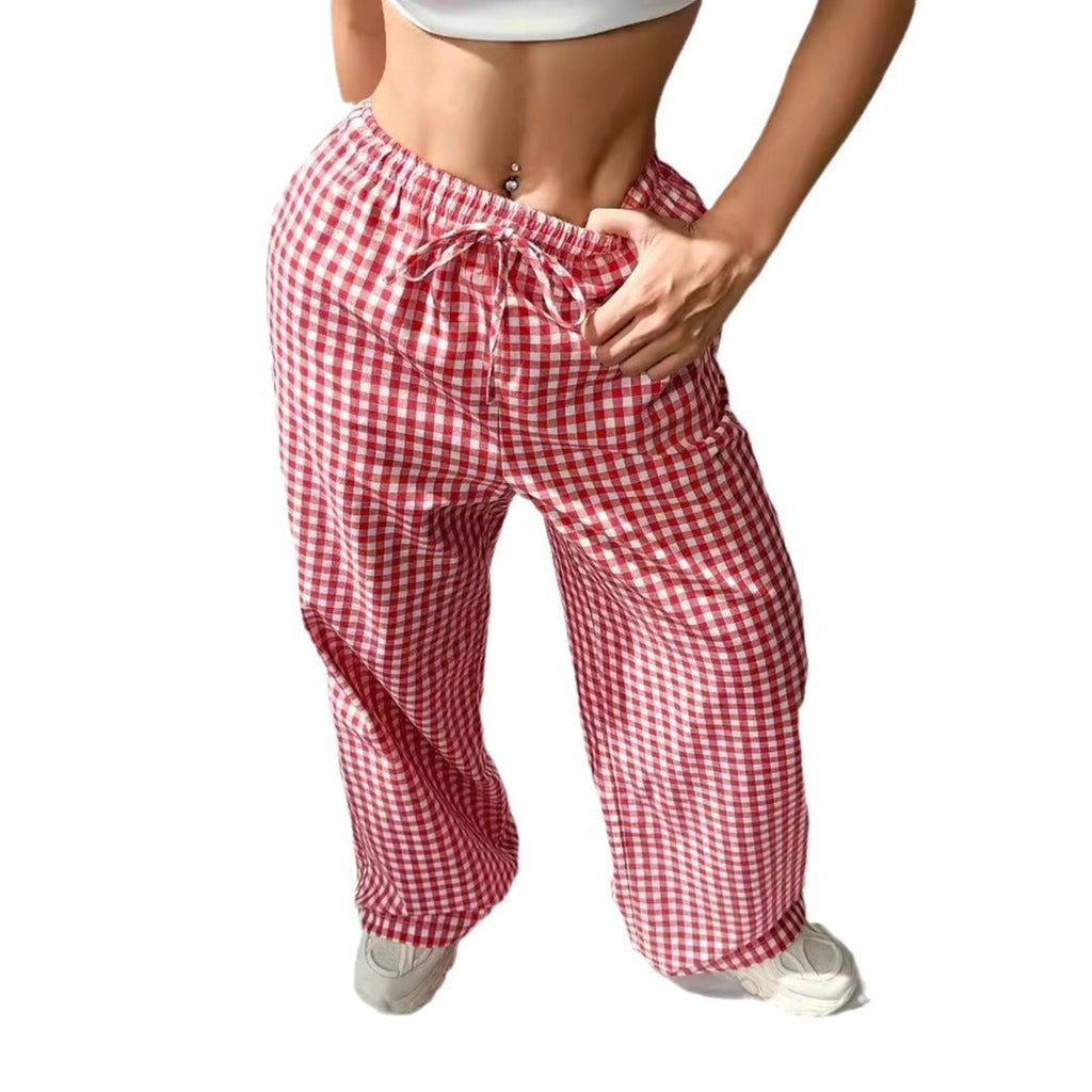 Women's wide-leg checked trousers with elasticated waistband and chic cut, size [size]