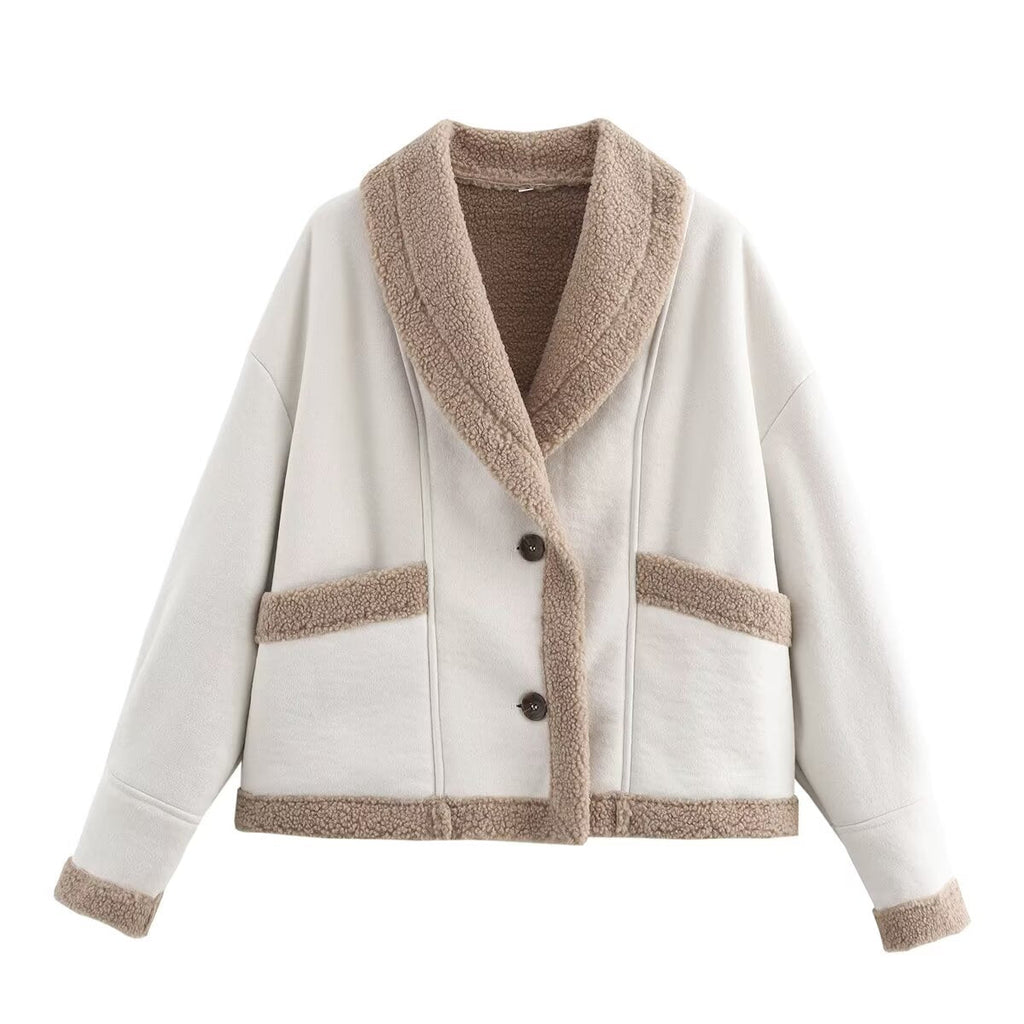Women's cozy oversized jacket with soft lining and elegant button placket, size S