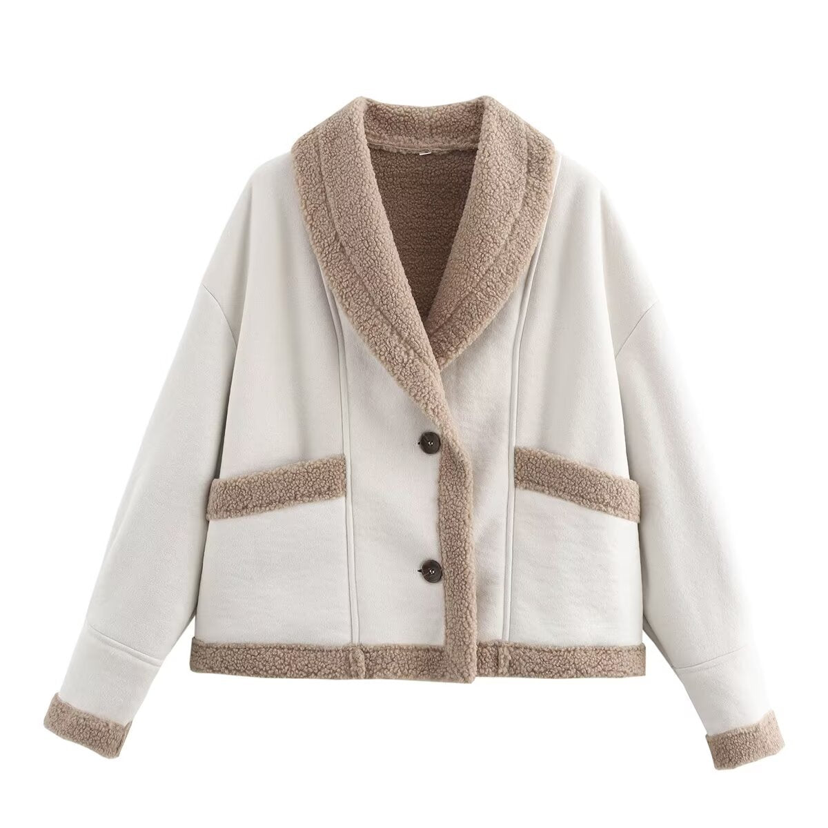 Women's cozy oversized jacket with soft lining and elegant button placket, size S