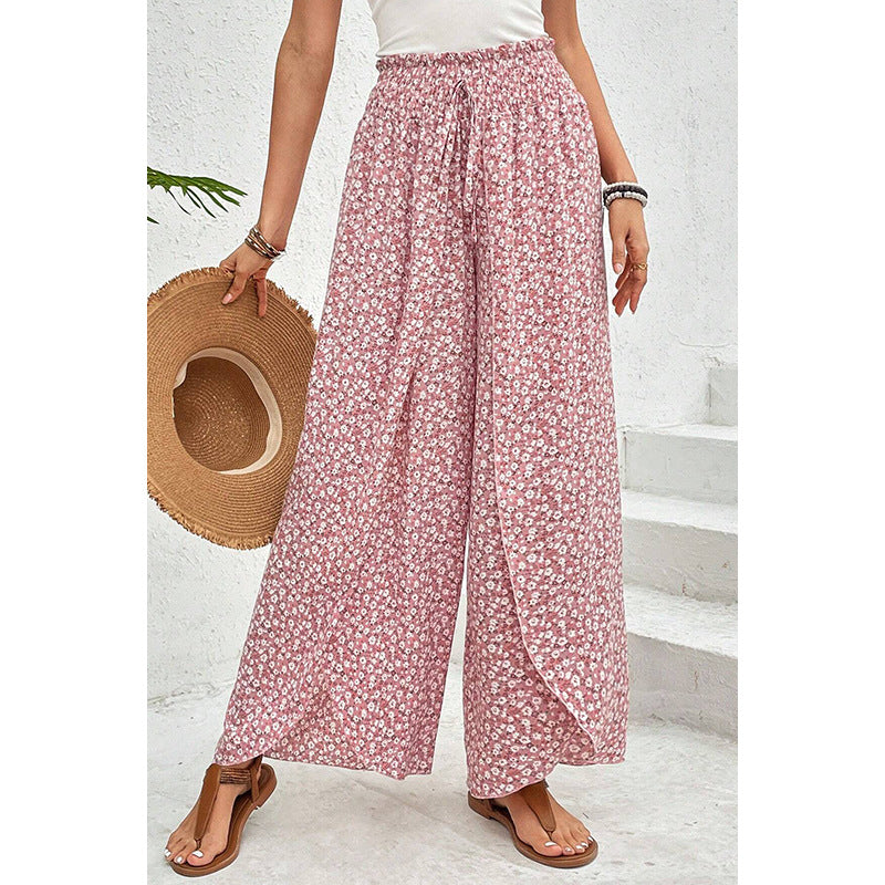 Women's wide-leg summer trousers with floral pattern and elasticated waistband, size