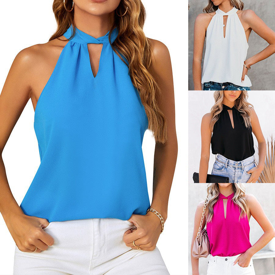 Ärmelloses Damen-Top mit schickem Schlitzkragen und feiner Textur, Größe Valenzora