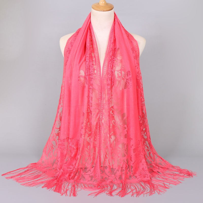 Women's long lace scarf with fringed edges, size