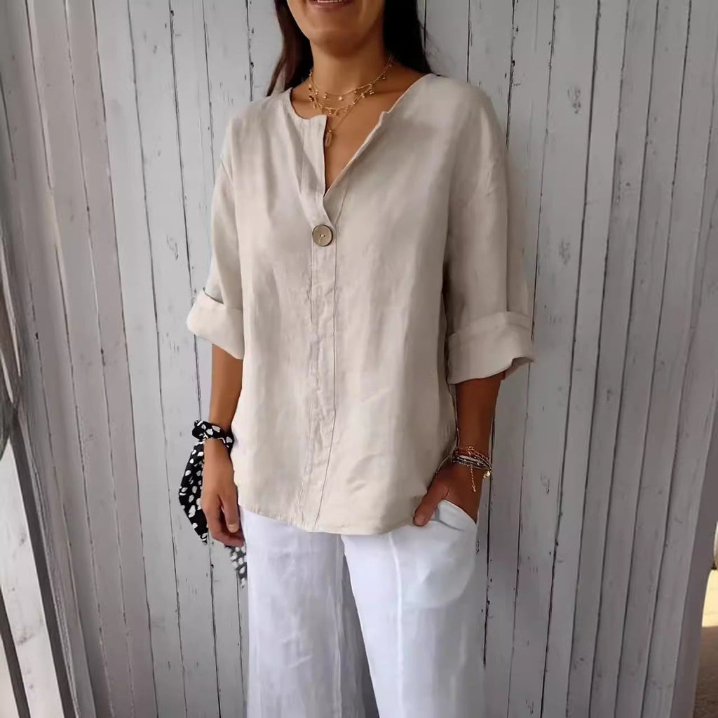 Women's airy linen blouse with front button and wide sleeves, size