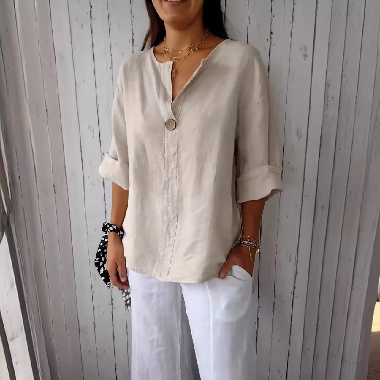 Women's airy linen blouse with front button and wide sleeves, size